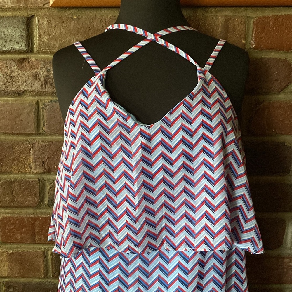 Charming Charlie’s blue, red, and white chevron tiered strappy flowy maxi dress - Picture 3 of 8